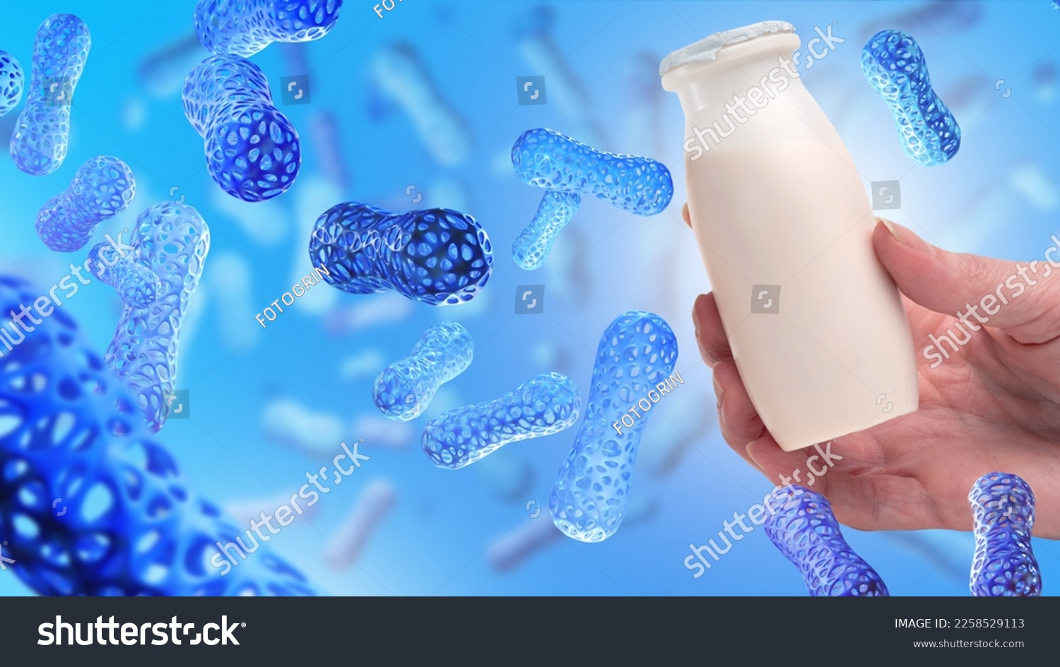 Substance microbiome. White medicine bottle in hand. Healthy nutrition to improve microbiome. Organism microbiome for immunity. Bottle with probiotic preparation. Biologically active drugs for health #2258529113