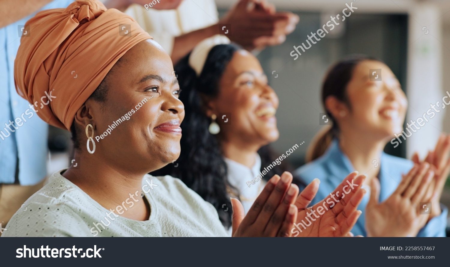 Black woman, applause and accounting business meeting with staff celebration of company success. Target growth, finance team and diversity of business group clapping for support and happiness #2258557467