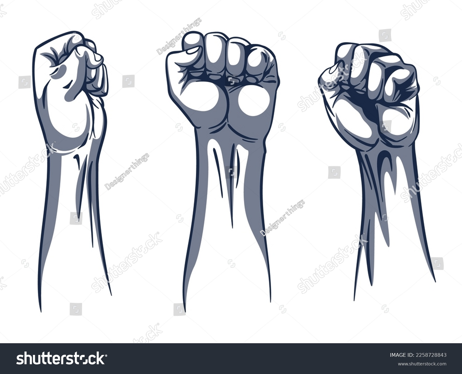 Rised fist hand gesture monochrome drawn emblems - Royalty Free Stock ...