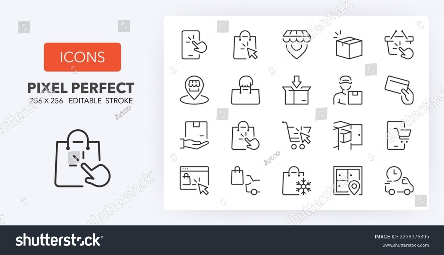 Shopping online, click and collect. Thin line icon set. Outline symbol collection. Editable vector stroke. 256x256 Pixel Perfect scalable to 128px, 64px... #2258976395