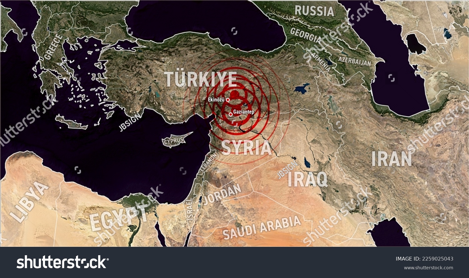 Map of eartquake in Turkiye (Turkey) Syria 8K, high res, town Ekinözü, town Gaziantep, with eartquake circle,  #2259025043