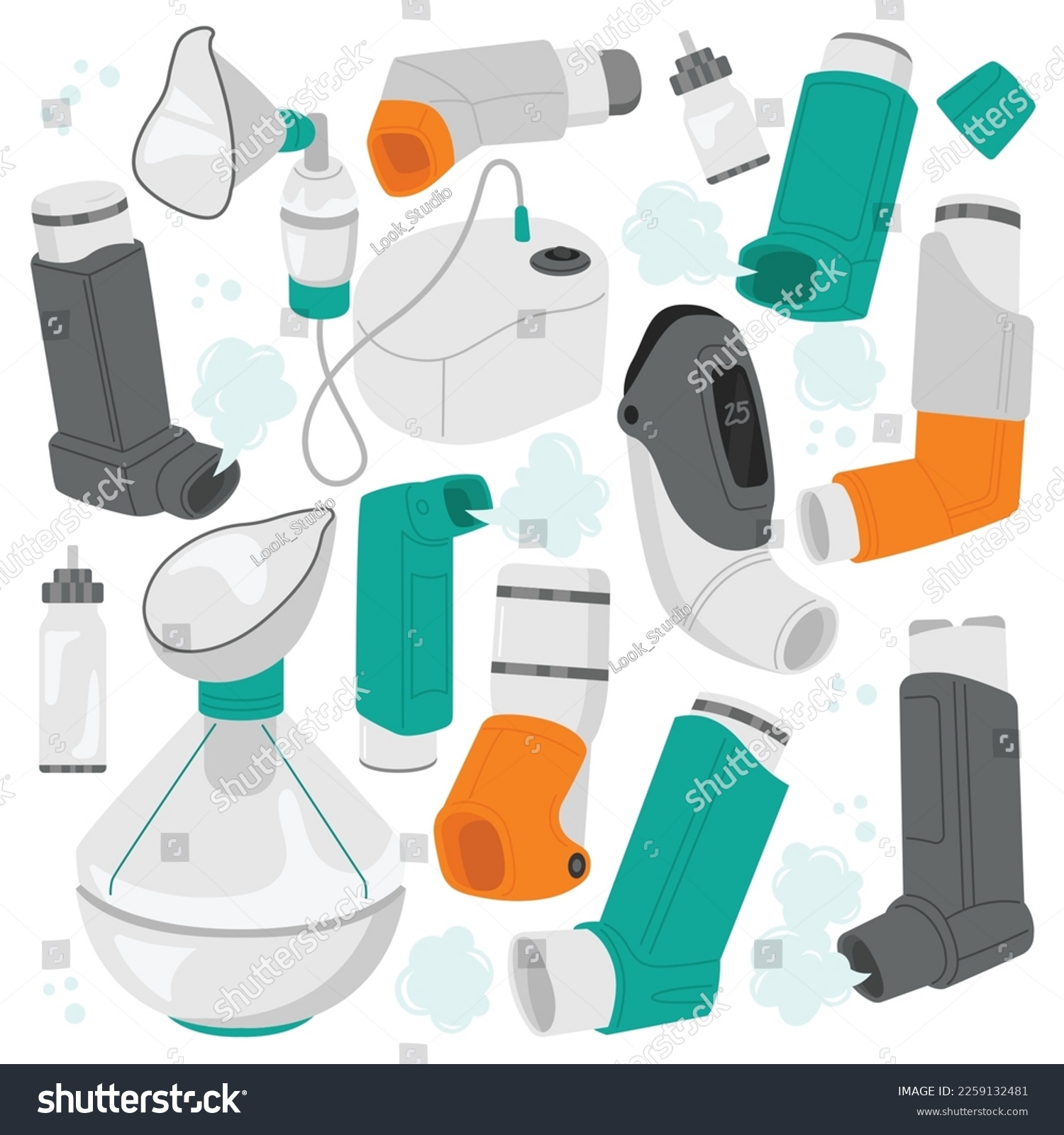 Inhalers flat icons set. Portable device for - Royalty Free Stock ...