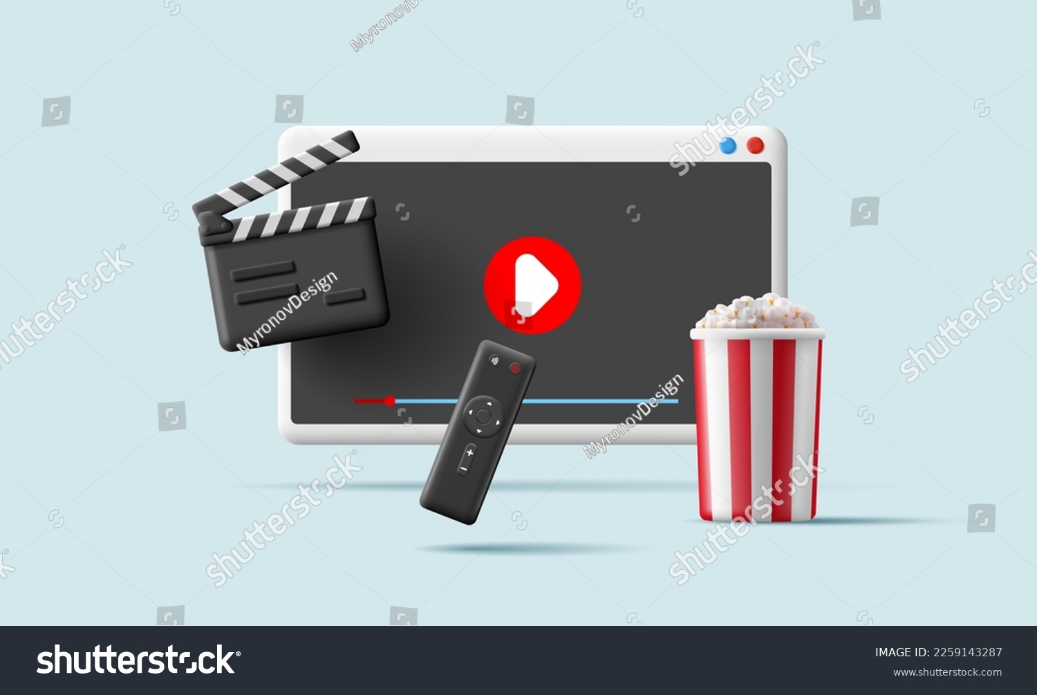 3D modern objects for watching video content, movies. Browser, play, remote control, popcorn, clapper cinema. Home rest. For use in advertising concept. V #2259143287