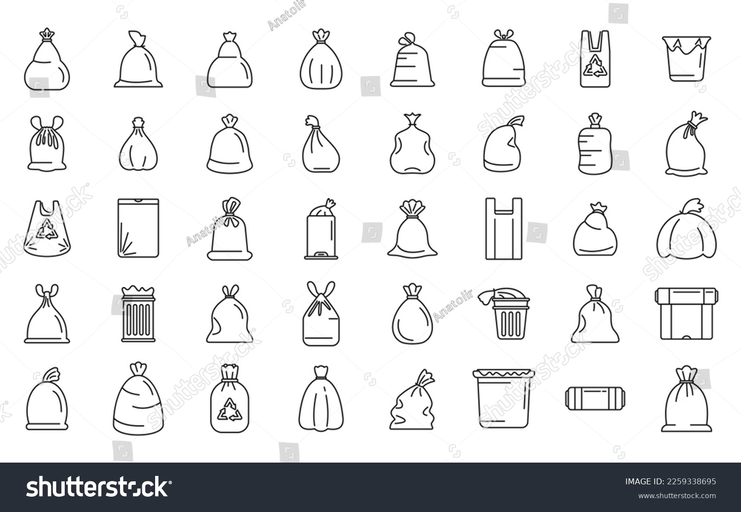 Bag for trash icons set outline vector. Food garbage. Dirty dustbin #2259338695