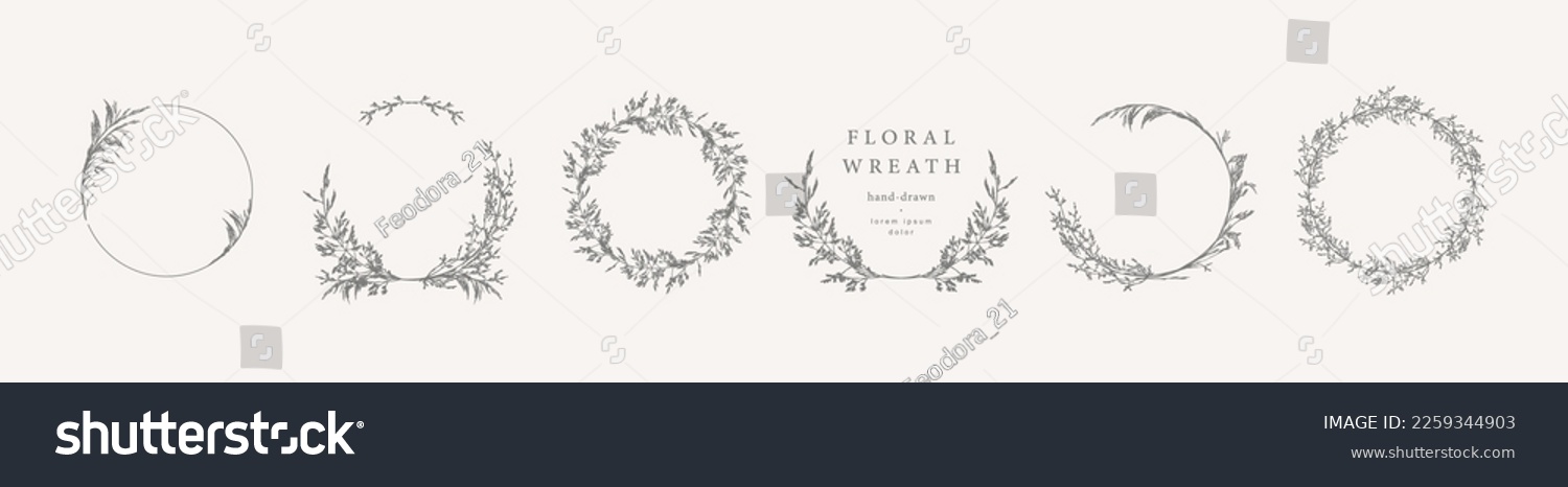 Elegant frames. Floral wreath, сircle monogram with hand drawn wild herbs and flowers. Vector vintage botanical illustration for invitation or wedding decor, logo, labels, branding, business identity #2259344903