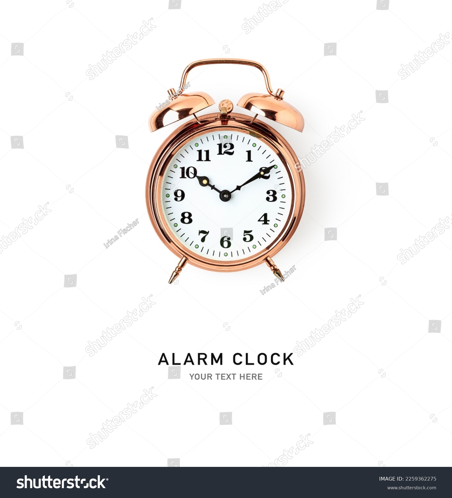 Vintage copper alarm clock. Single object isolated on white background. Creative layout. Design element. Flat lay, top view
 #2259362275