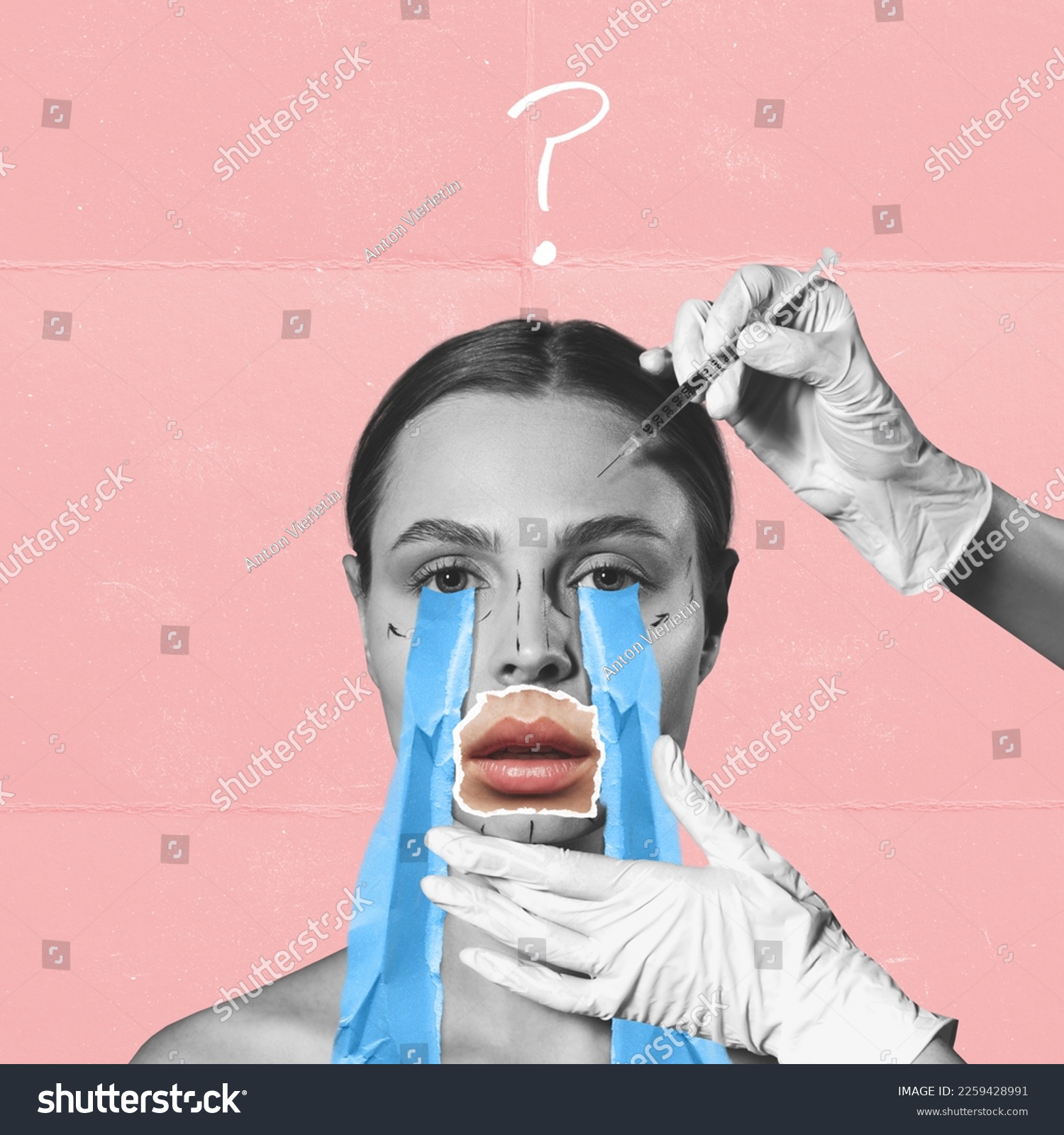 Contemporary art collage. Painful procedure. Young woman doing cosmetological injections on forehead, botox. Anti-wrinkles. Concept of beauty, plastic surgery, medicine, clinical cosmetology, ad #2259428991