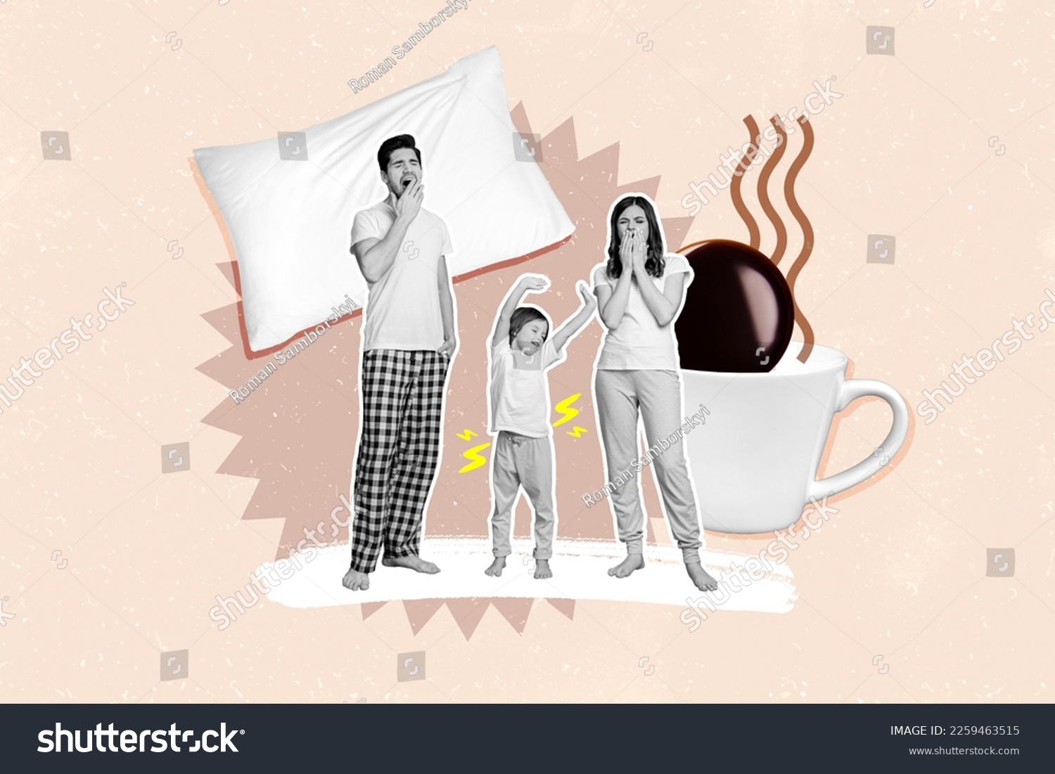 Creative photo collage 3d illustration of funny happy family wake up early morning stretching yawn isolated on pink color background #2259463515
