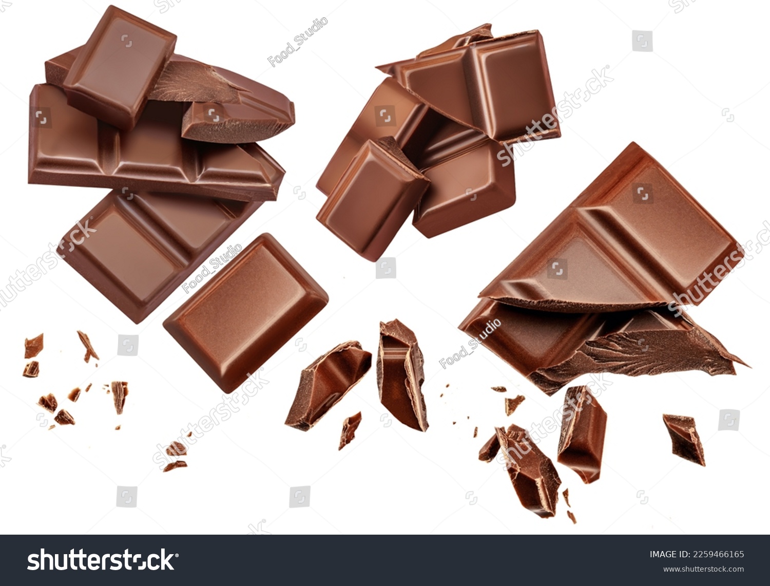 Dark chocolate chunks isolated on white background. Collection. Flying Chocolate pieces, shavings and cocoa crumbs Top view. Flat lay. Pattern
 #2259466165