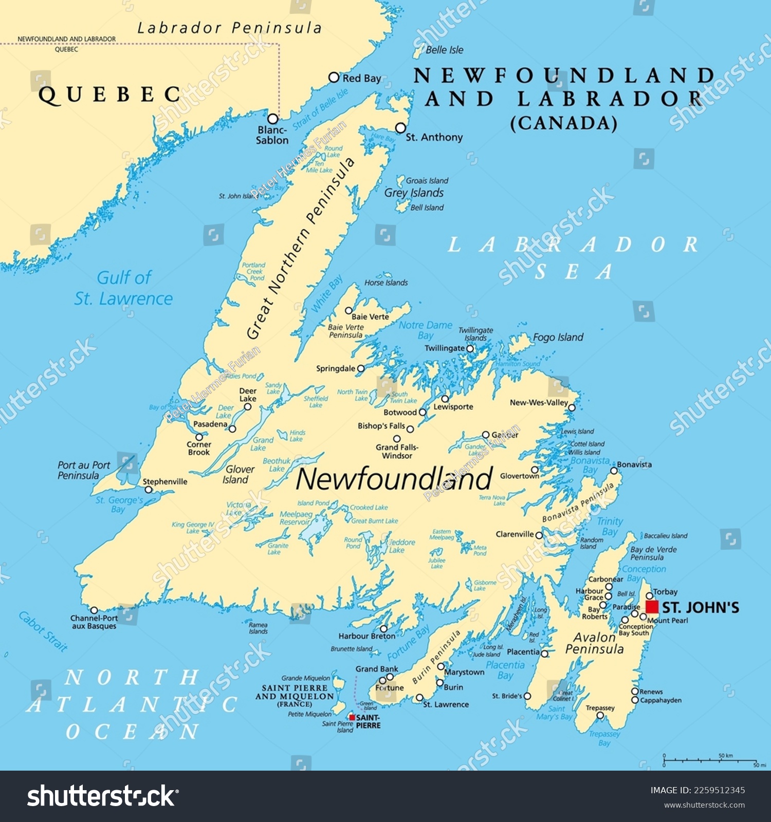 Island of Newfoundland, political map. Part of - Royalty Free Stock ...