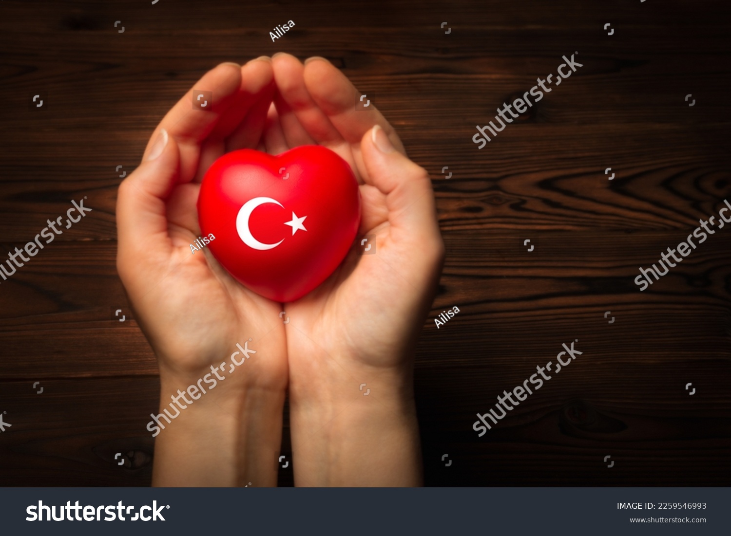 female hands hold and giving red heart in the form of a Turkey flag, support concept. #2259546993