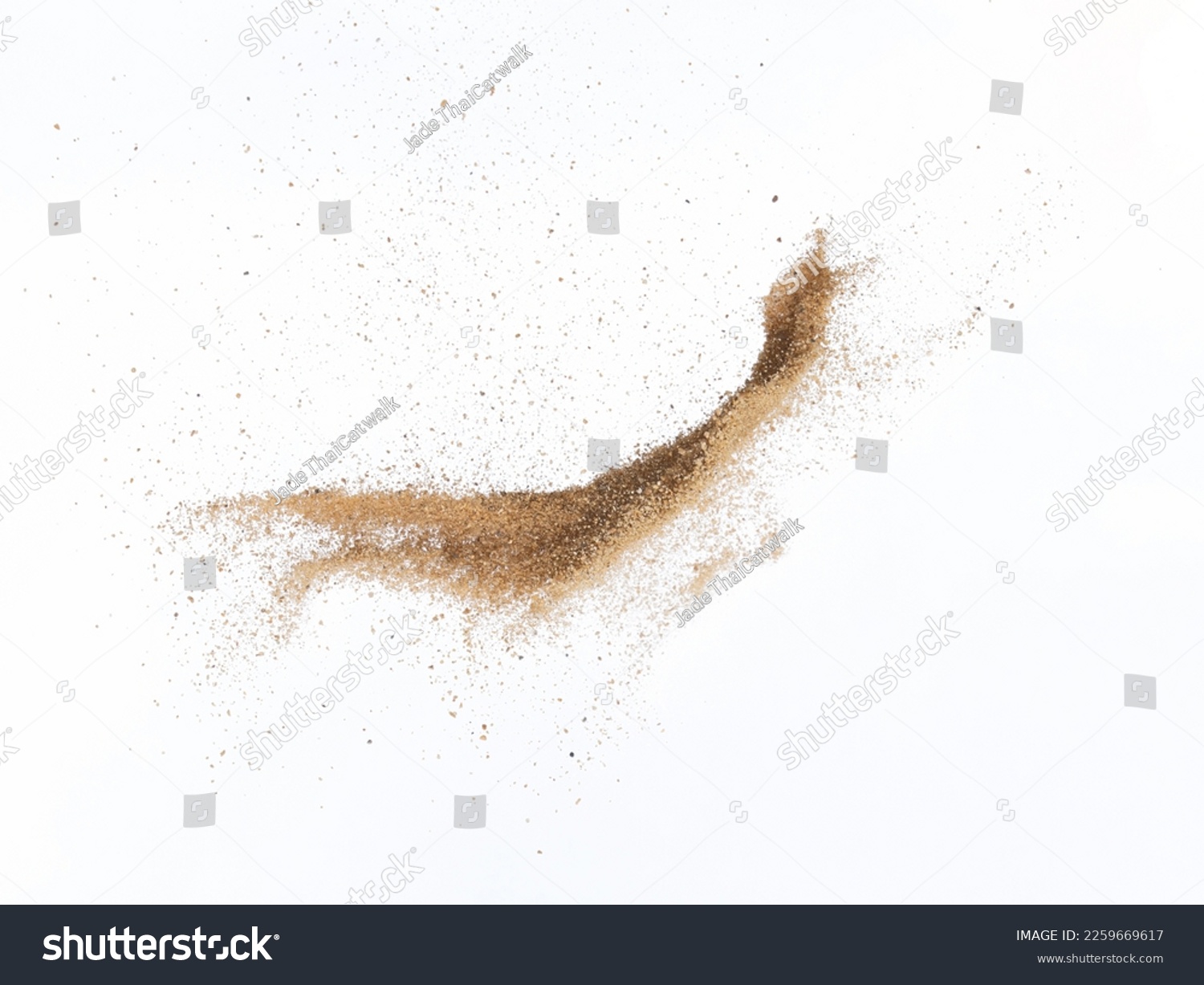 Sand flying explosion, Golden sand wave explode. Abstract sands cloud fly. Yellow colored sand splash throwing in Air. White background Isolated high speed shutter, throwing freeze stop motion #2259669617