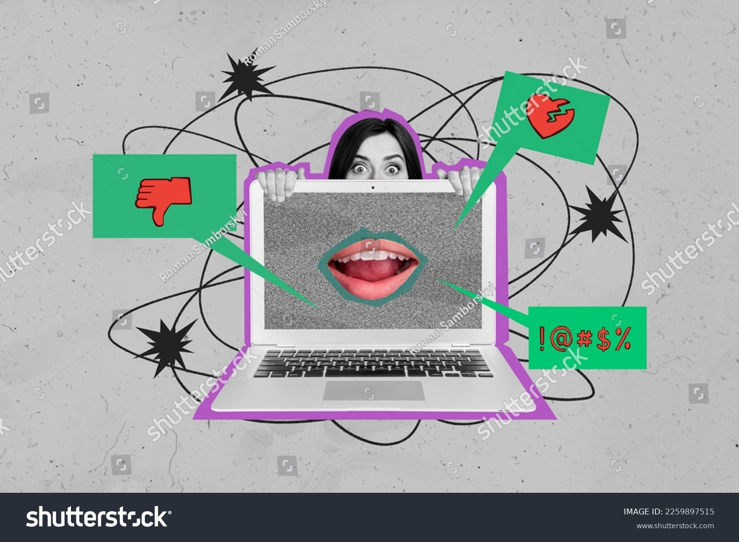 Creative magazine poster collage of scared influencer lady blogging suffer hate speech message social network #2259897515