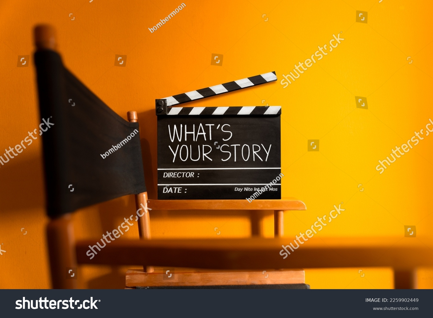 What's your story.text title on movie clapper board and director chair.
 #2259902449