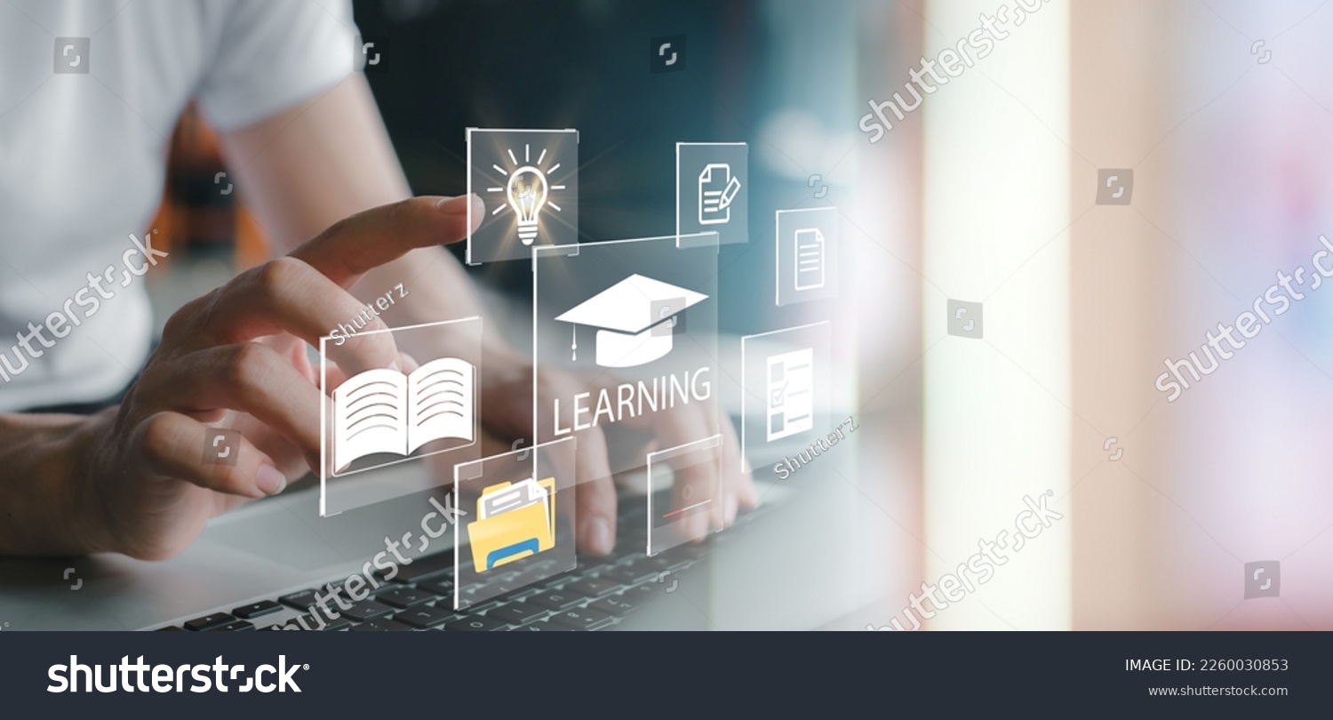 Concept of Online education. man use Online education training and e-learning webinar on internet for personal development and professional qualifications. Digital courses to develop new skills. #2260030853