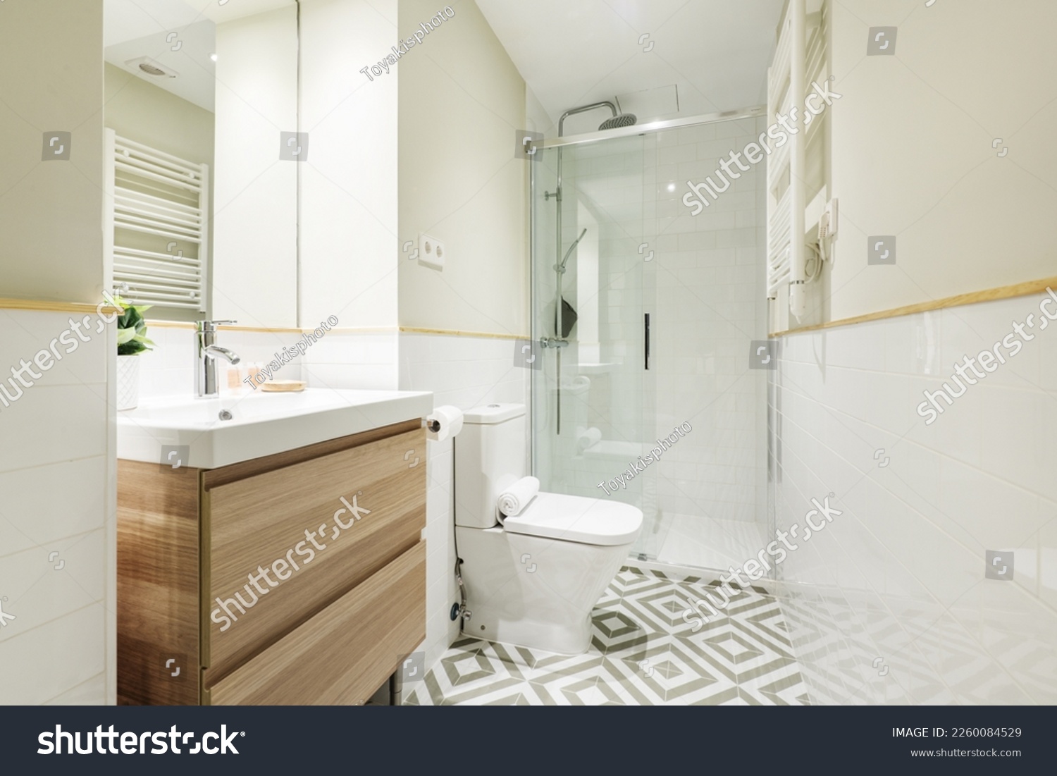 Newly renovated bathroom with small wooden cabinet with drawers and white porcelain sink, shower cabin with glass screen, mirror integrated into the wall and decorative plant #2260084529