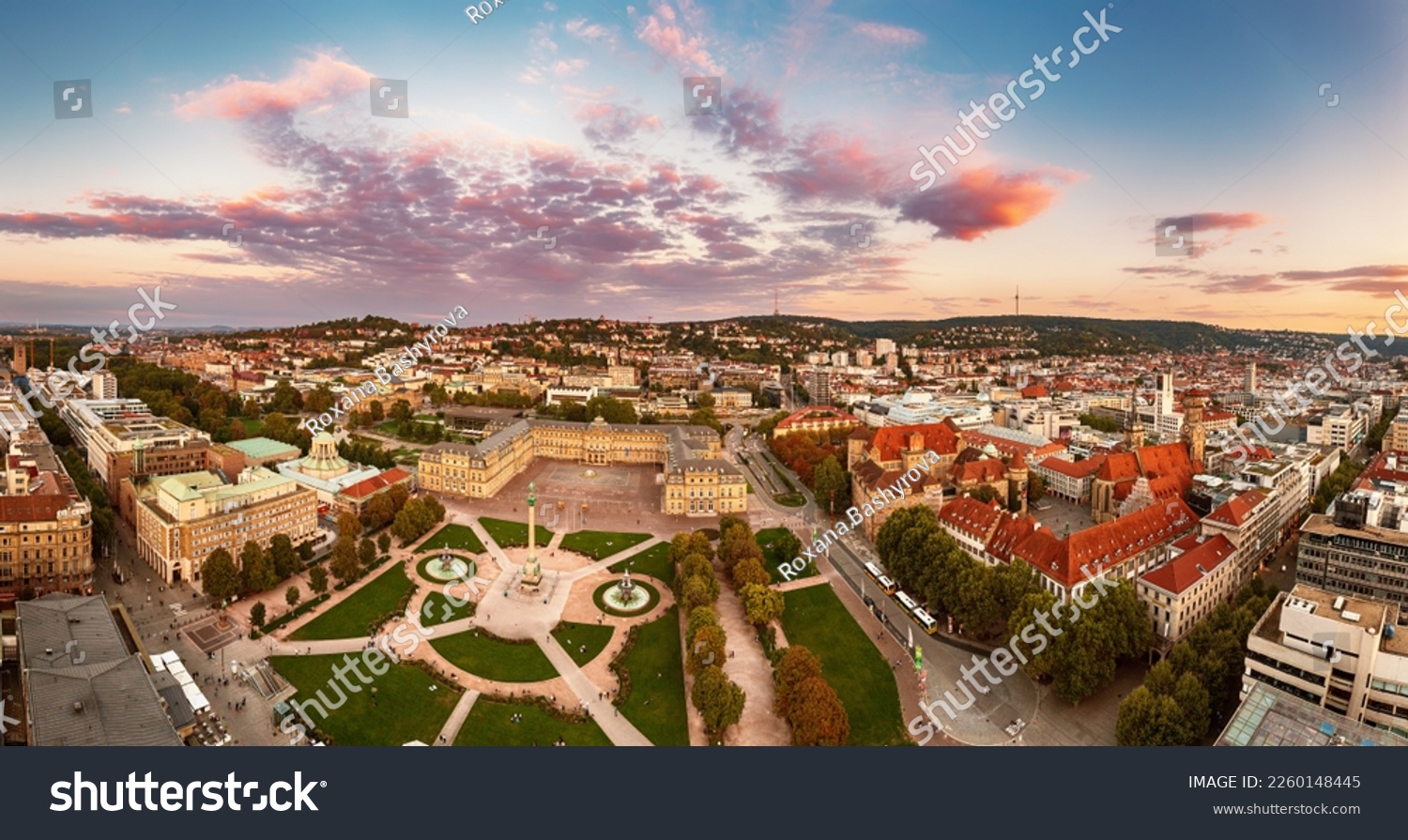 Aerial panoramic view of the famous Schlossplatz in Downtown Stuttgart, Germany at sunset, travel background #2260148445