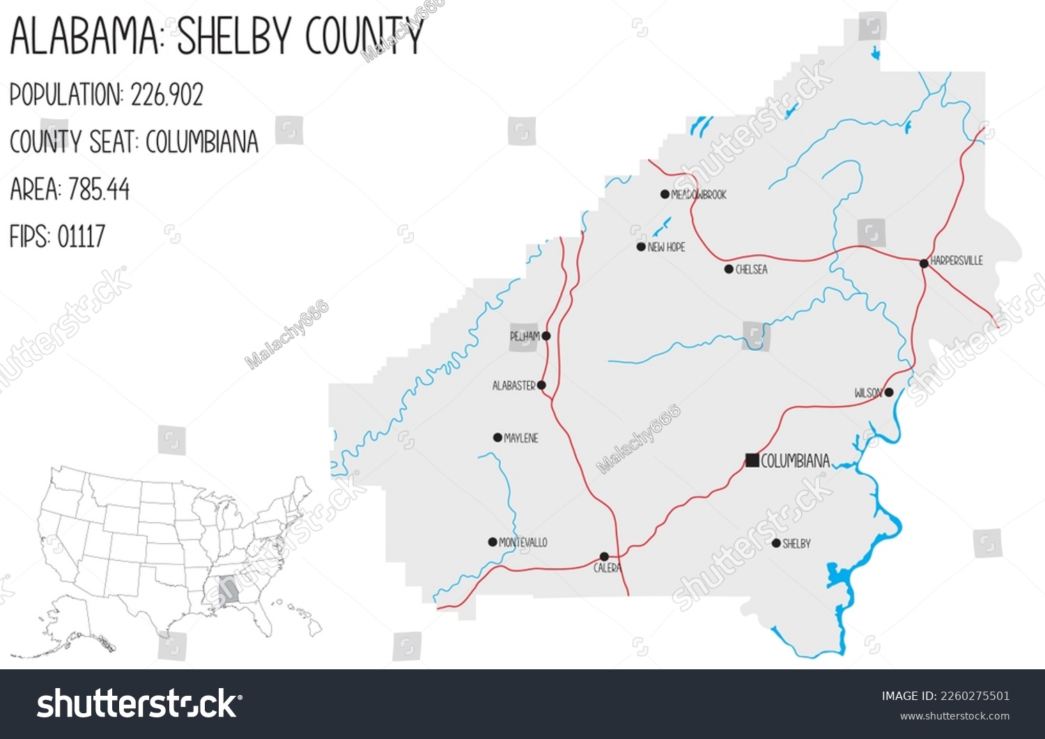 Large and detailed map of Shelby county in - Royalty Free Stock Vector ...