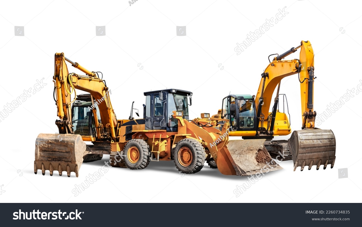 Two crawler excavators and bulldozer loader close-up on a white isolated background.Construction equipment for earthworks. element for design #2260734835