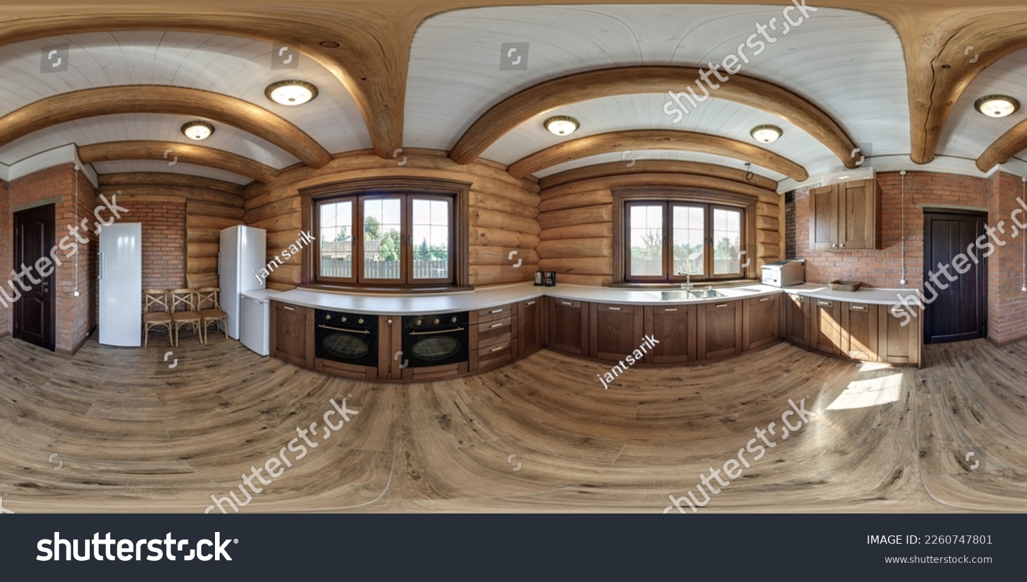 full seamless spherical hdri 360 panorama view in interior of kitchen in eco village vacation home with wooden rafter ceiling in equirectangular spherical  projection.  #2260747801