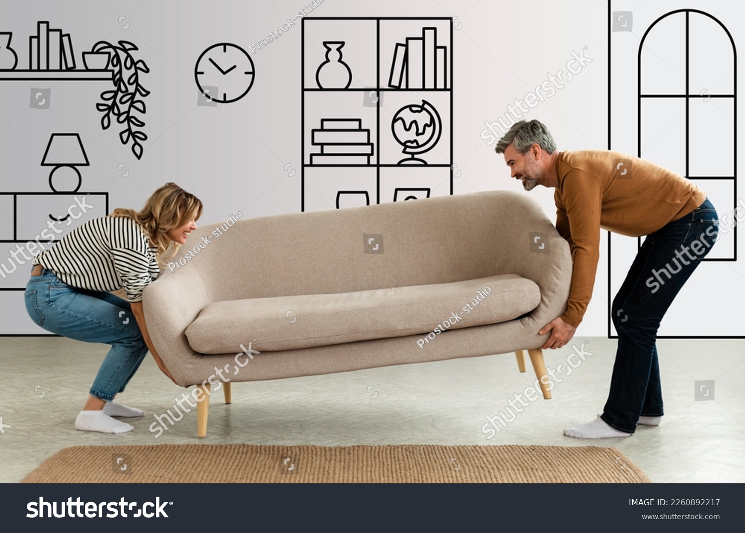 Happy Middle Aged Couple Putting Sofa Together After Renovation At Home. Husband And Wife Furnishing Their Living Room And New House. Interior Design Doodles Background, Collage #2260892217