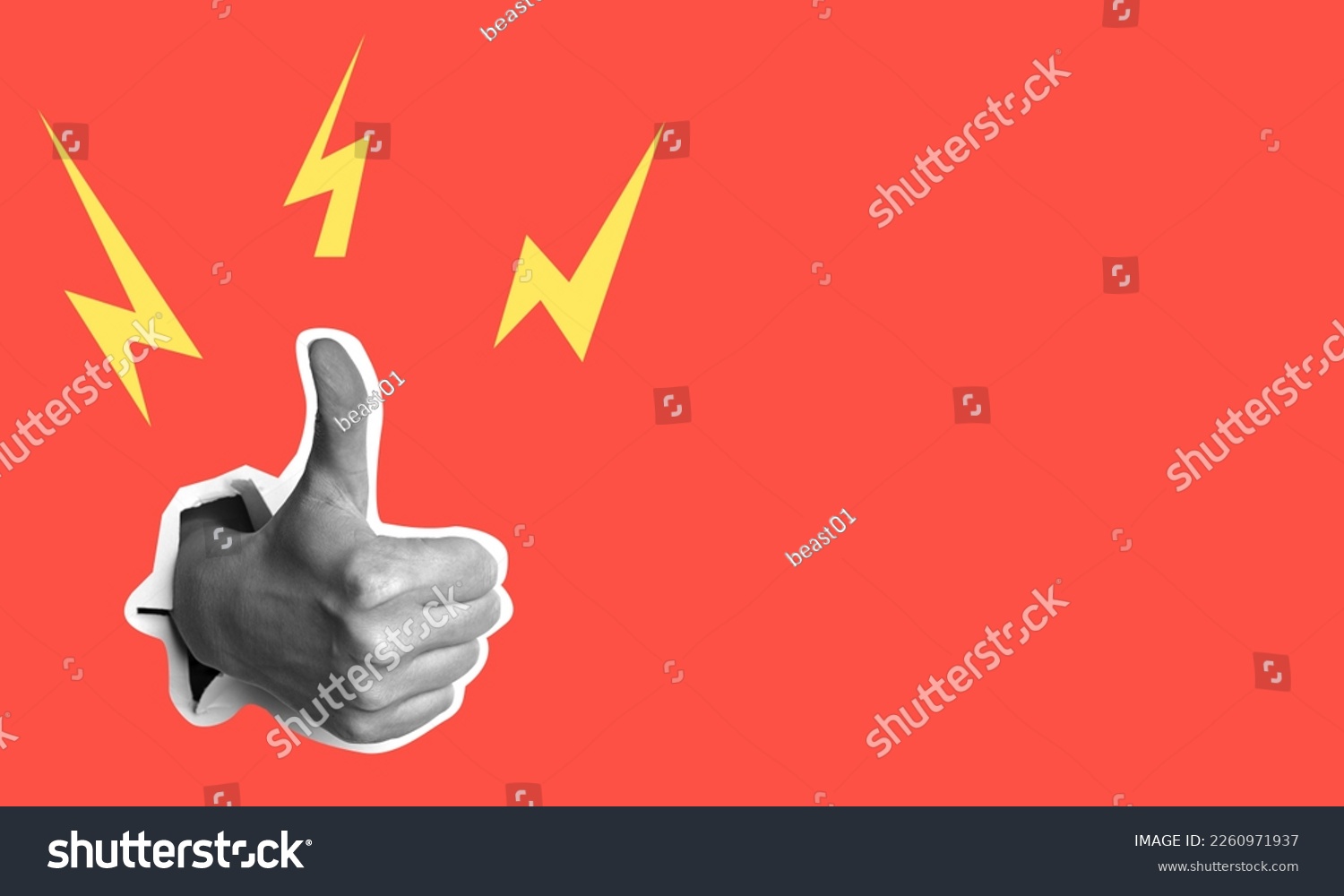 Female hand showing thumbs up gesture, on red background, art collage. Positive hand sign. Thumbs up fashion collage in magazine style. Modern art. Modern design. #2260971937