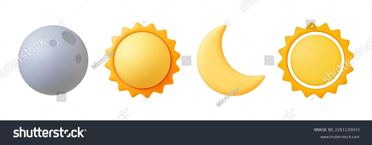 Various 3d sun and moon, crescent isolated icon. Realistic render of star and planet, full gray moon and yellow sunny. Celestial vector elements #2261120033