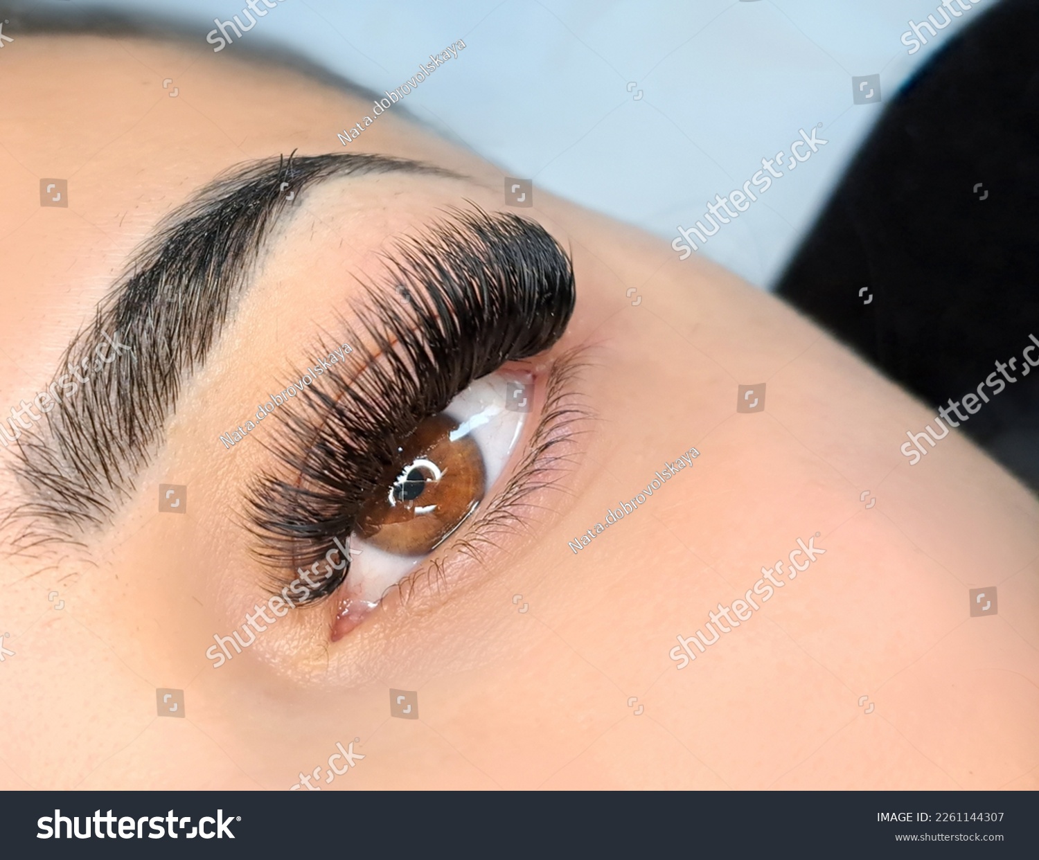 close up of eye with eyelash extensions in beauty salon macro eye top view. #2261144307