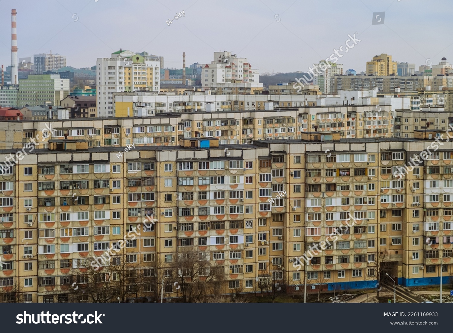 Skyline of commieblock houses. Soviet period apartment blocks in Belgorod left-bank residential area. #2261169933