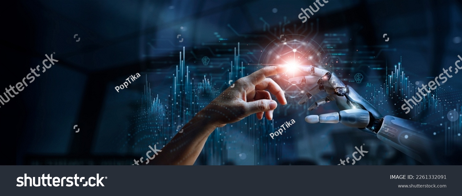 AI, Machine learning, Hands of robot and human touching on big data network connection, Data exchange, deep learning, Science and artificial intelligence technology, innovation of futuristic. #2261332091