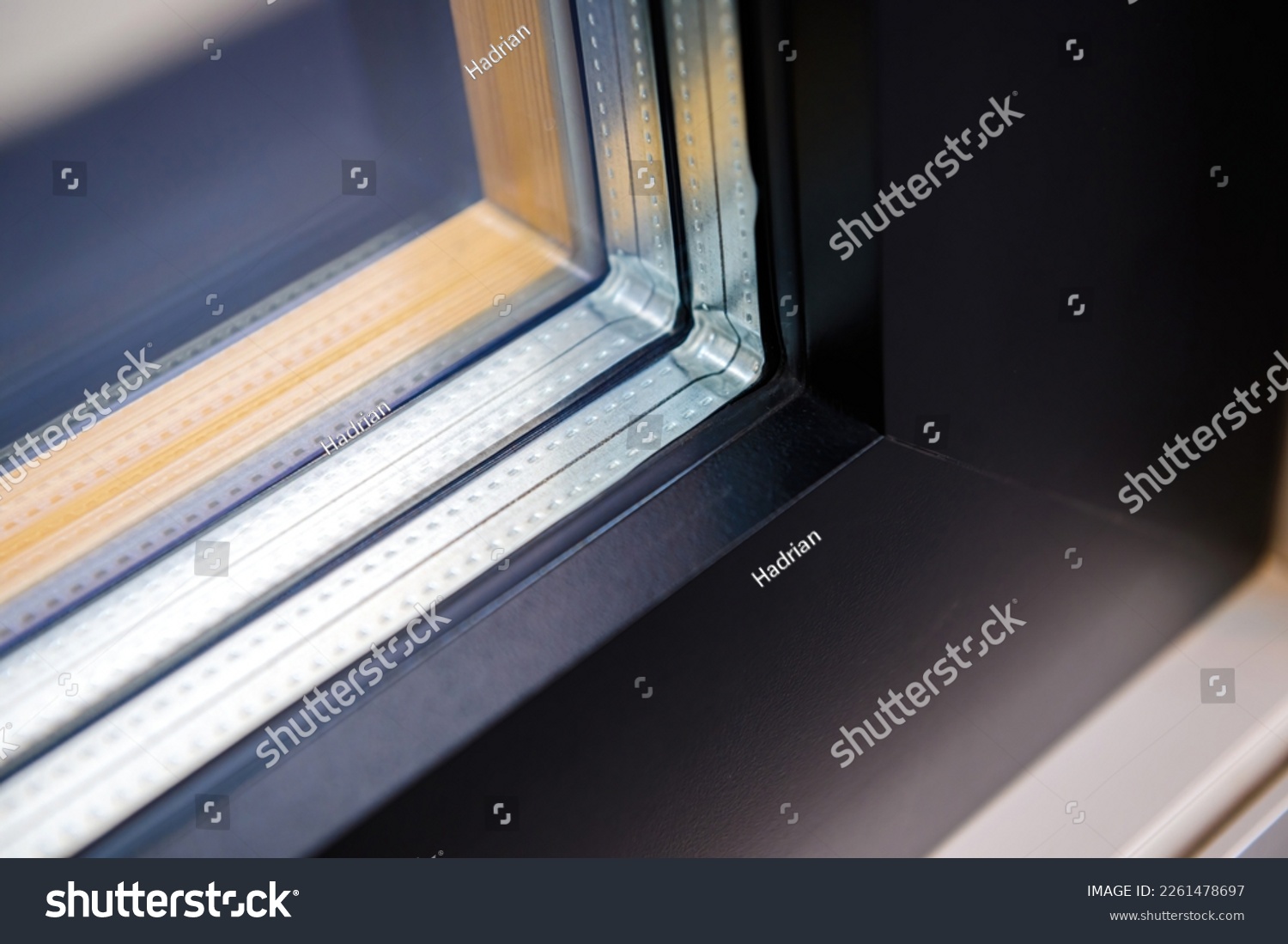 Close-up macro view of window frame made from PVC wooden profiles - double glazing #2261478697