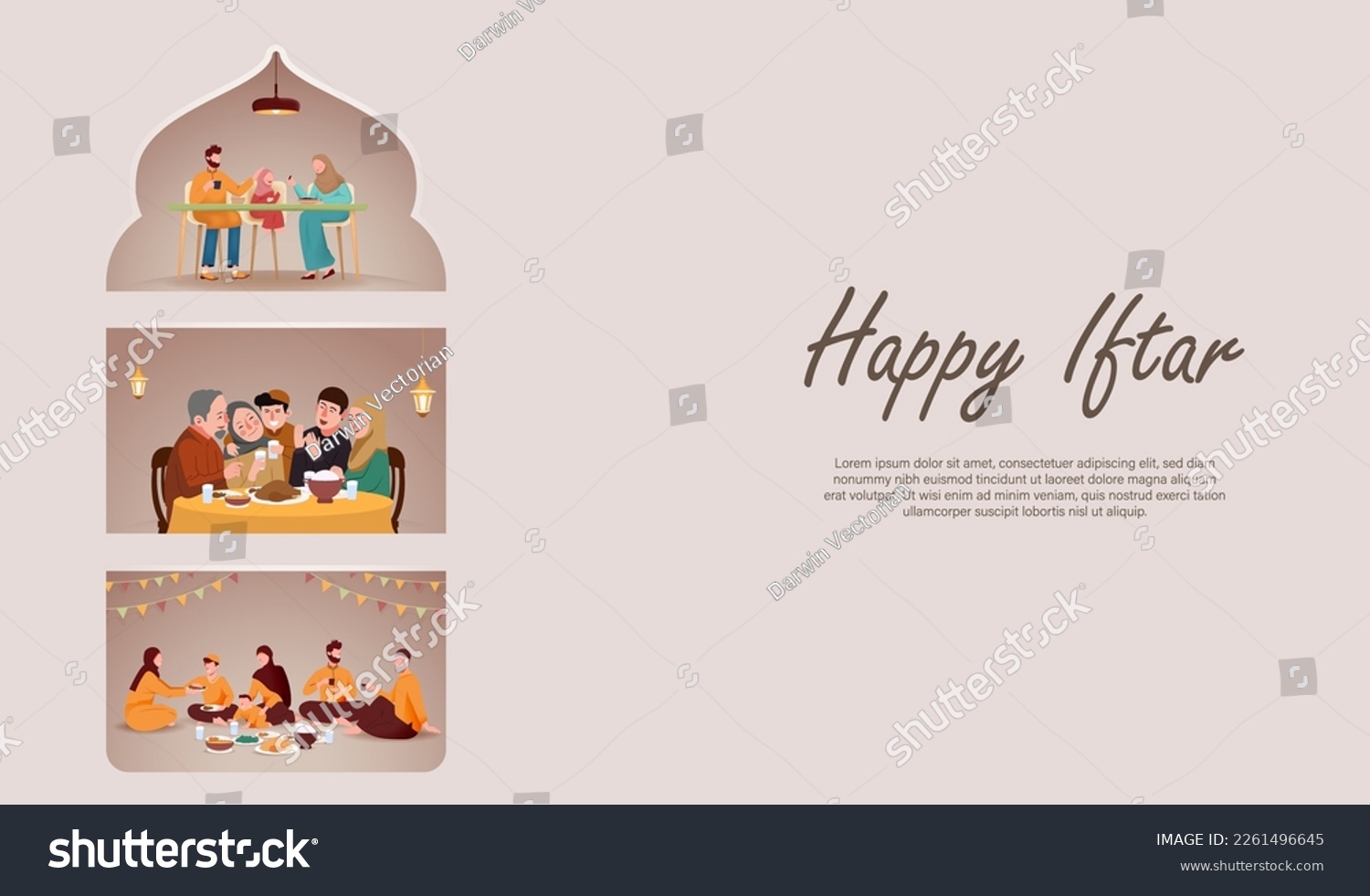 Happy Iftar Concept with Various Muslim Family Having Meal Togethr with Family. Ramadan Kareem Vector Design for Poster and Banner. Break Fasting Activity #2261496645