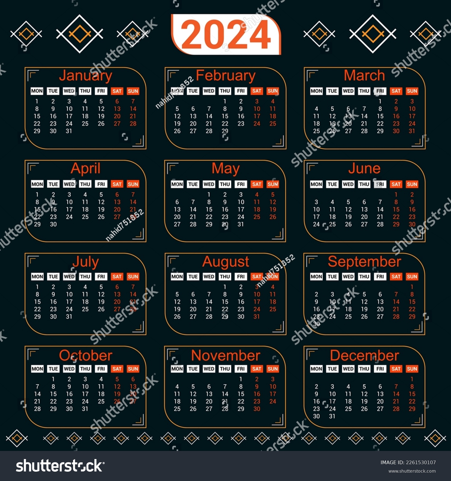 Calendar 2024, CMYK, RGB color mode 2 Color 2 Royalty Free Stock