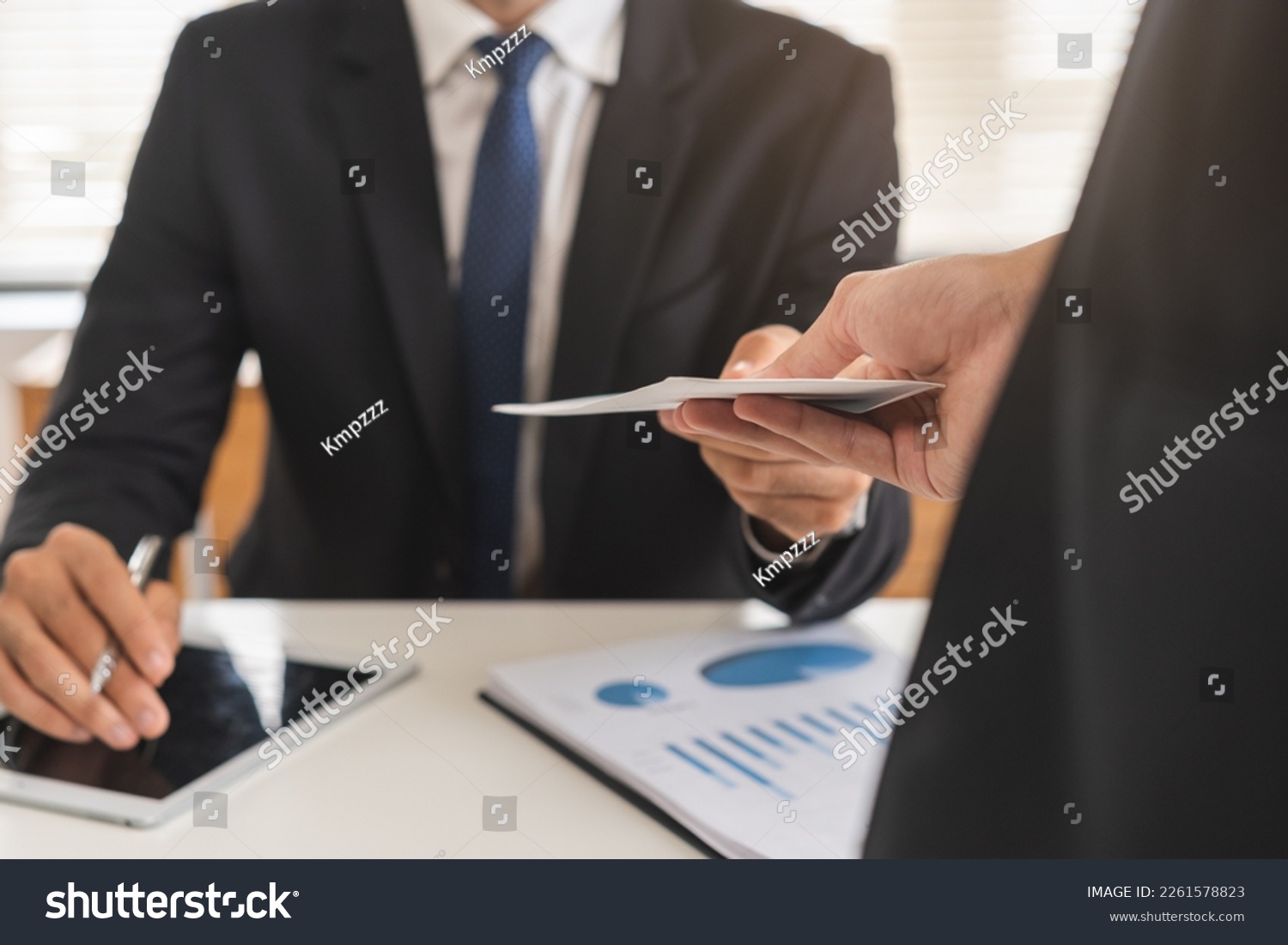 Good job, asian manager man giving financial reward in an envelope, business letter extra salary to company employee, caucasian male worker office hand received premium bonus, getting cheque from boss #2261578823