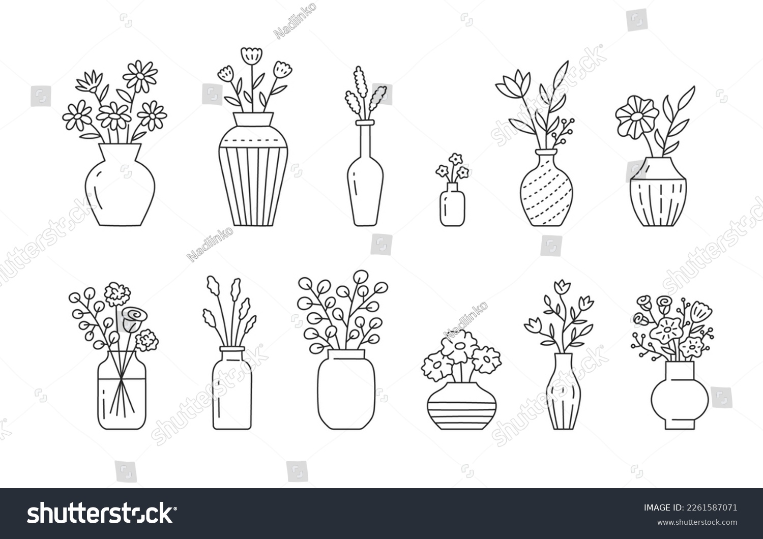 Flower in vase doodle illustration including different floral bouquets. Hand drawn cute line art about plants in interior. Thin linear drawing for coloring. Editable Stroke #2261587071