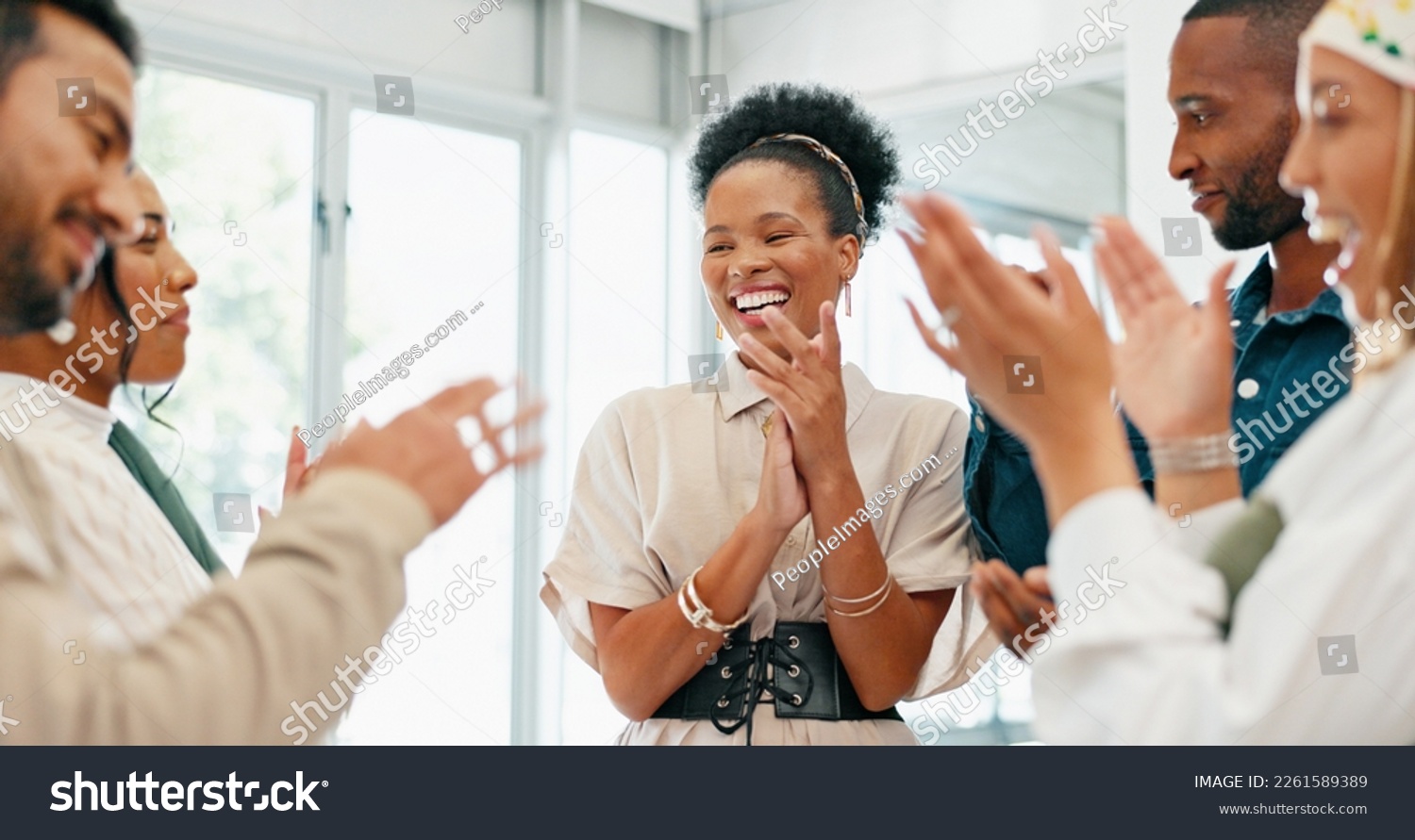 Business people, diversity and clapping in high five, teamwork or collaboration in company growth, target or global goals. Smile, happy or office applause, winner celebration or success hands gesture #2261589389