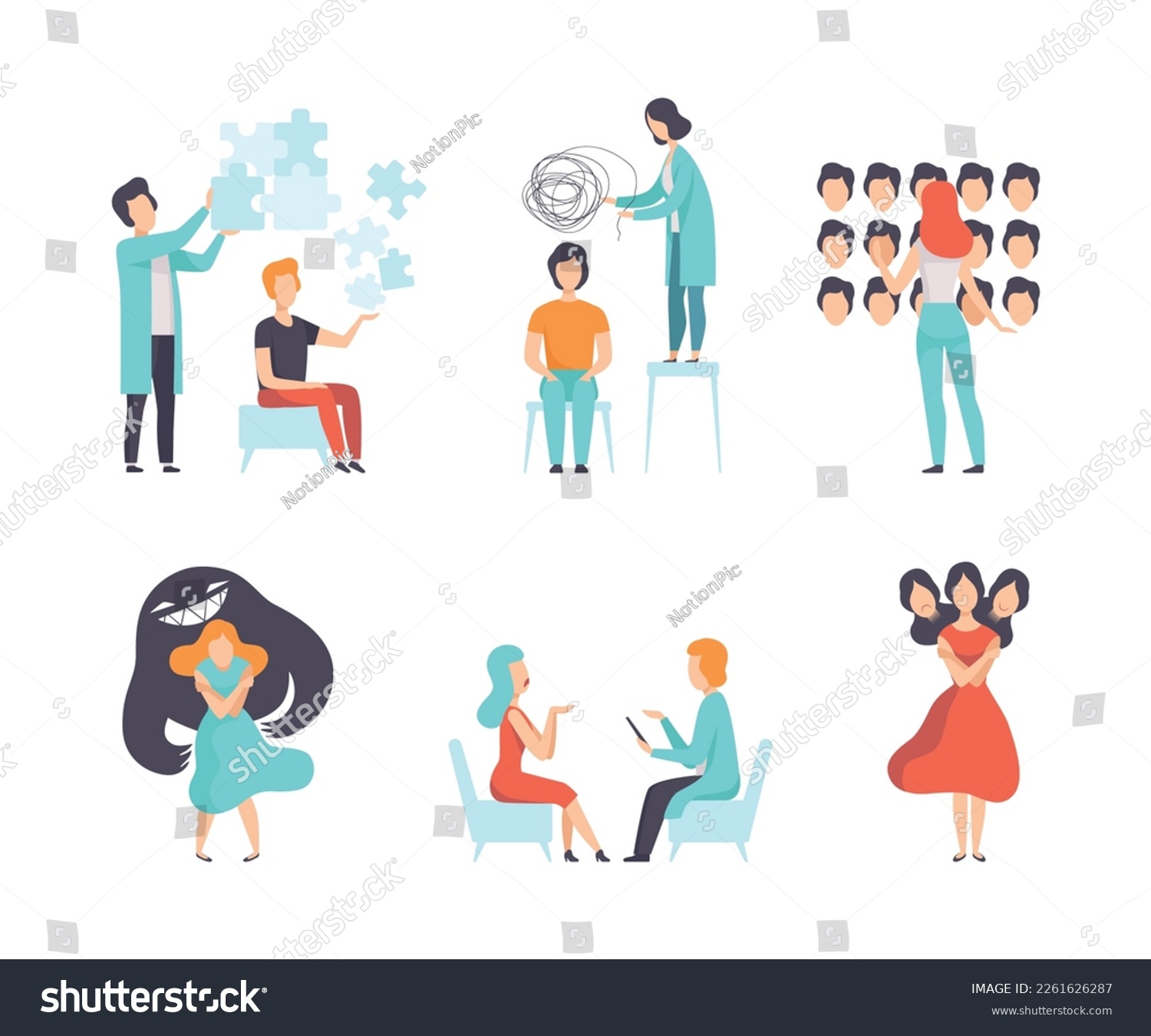 Man and Woman Having Mental Disorder and Psychic Illness Engaged in Psychotherapy and Treatment Vector Set #2261626287