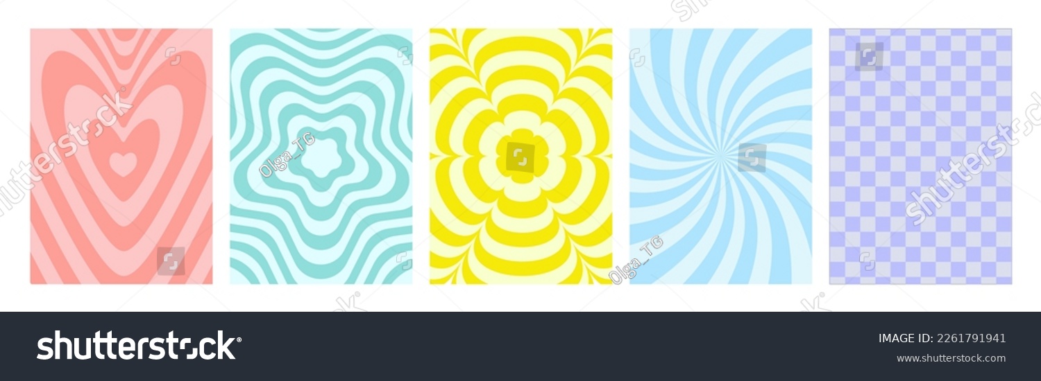 Groovy hippie 70s backgrounds set. Checkerboard, chessboard, mesh, waves, swirl, twirl pattern with heart, daisy flower. Twisted and distorted vector texture in trendy retro psychedelic style.
 #2261791941