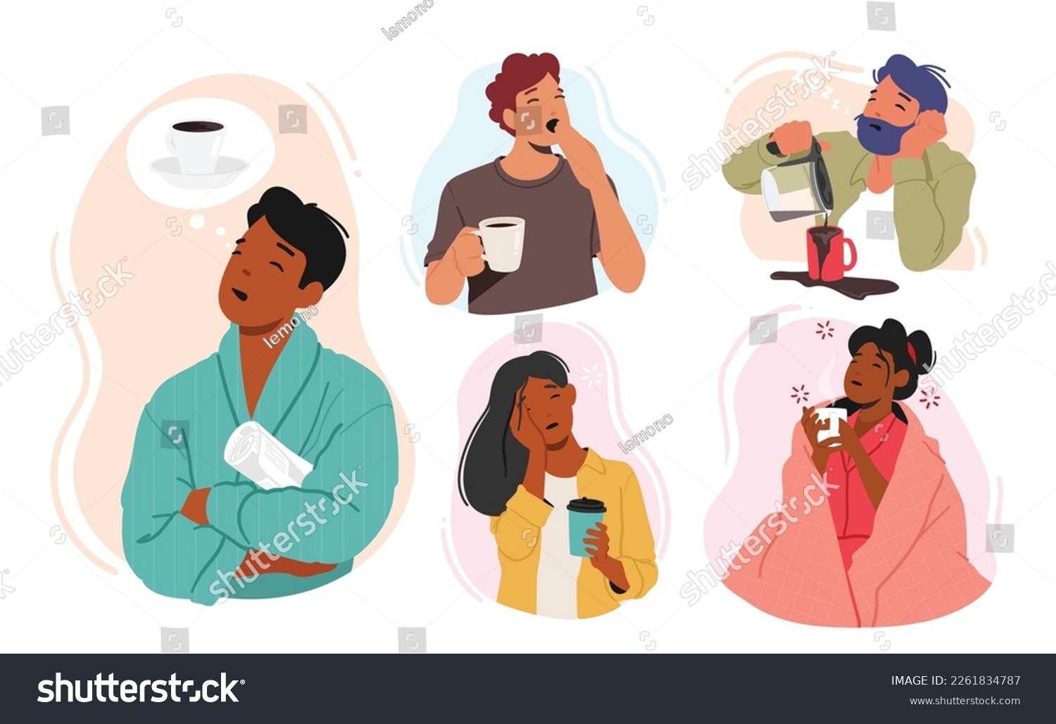 Set of Tired Sleepy People Needing Coffee. Drowsy Male Female Characters In Need Of A Caffeine Fix or Energy Drinks. Struggle To Be Awake And Alert for Work Productivity. Cartoon Vector Illustration #2261834787