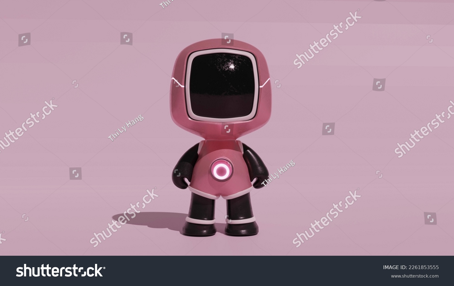 Rendering Cute Cartoon Mascot Robot standing in the empty pink background #2261853555