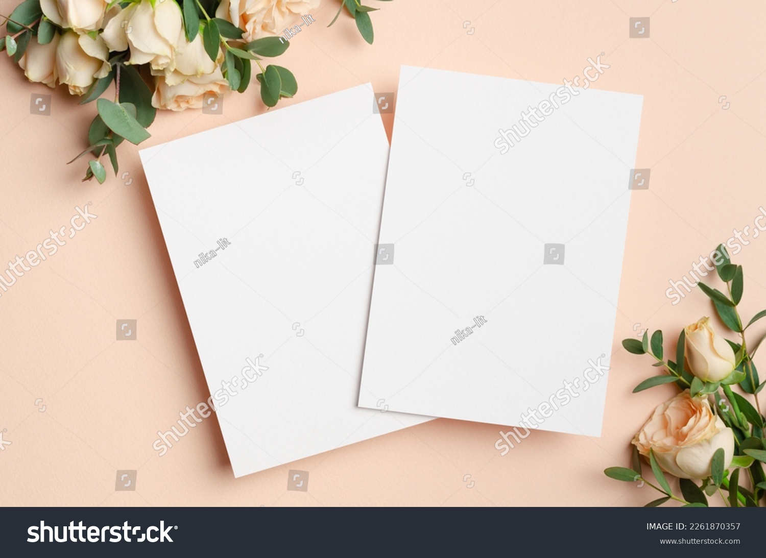 Blank wedding invitation card mockup with flowers, save the date card mockup with copy space #2261870357