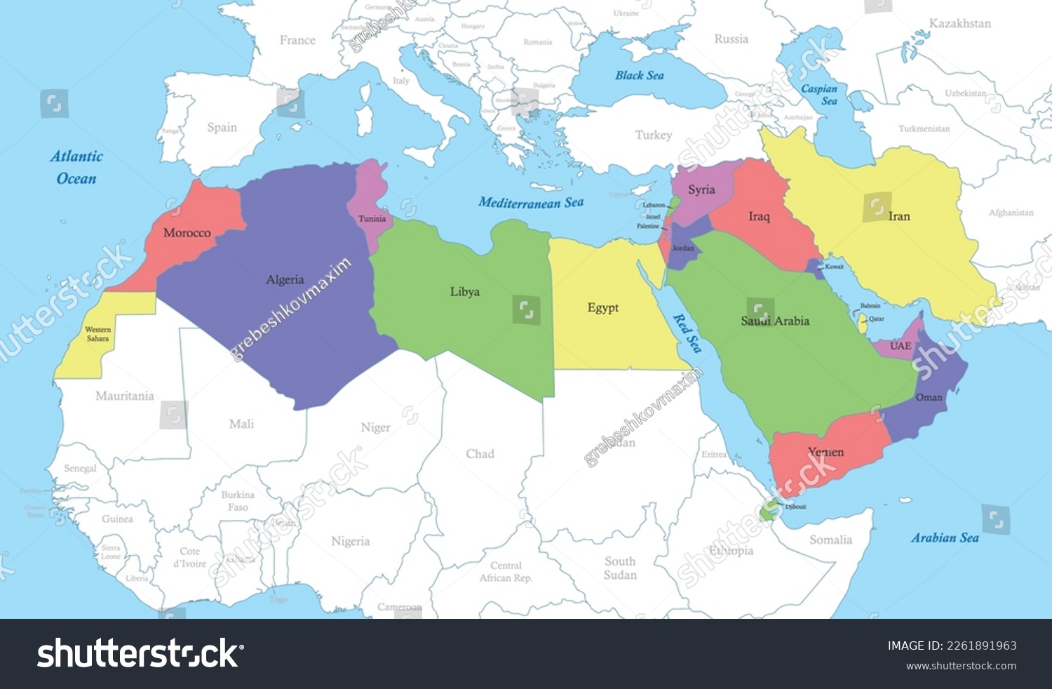 Political Color Map Of MENA Region With Borders Royalty Free Stock Avopix 2261891963