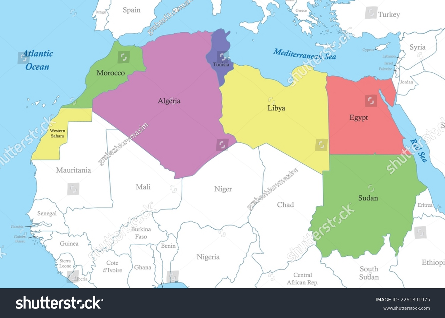 Political color map of North Africa with borders - Royalty Free Stock ...