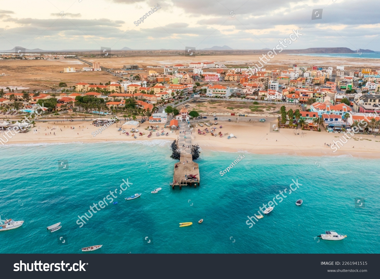 Pier and boats on turquoise water in city of Santa Maria, Sal, Cape Verde #2261941515