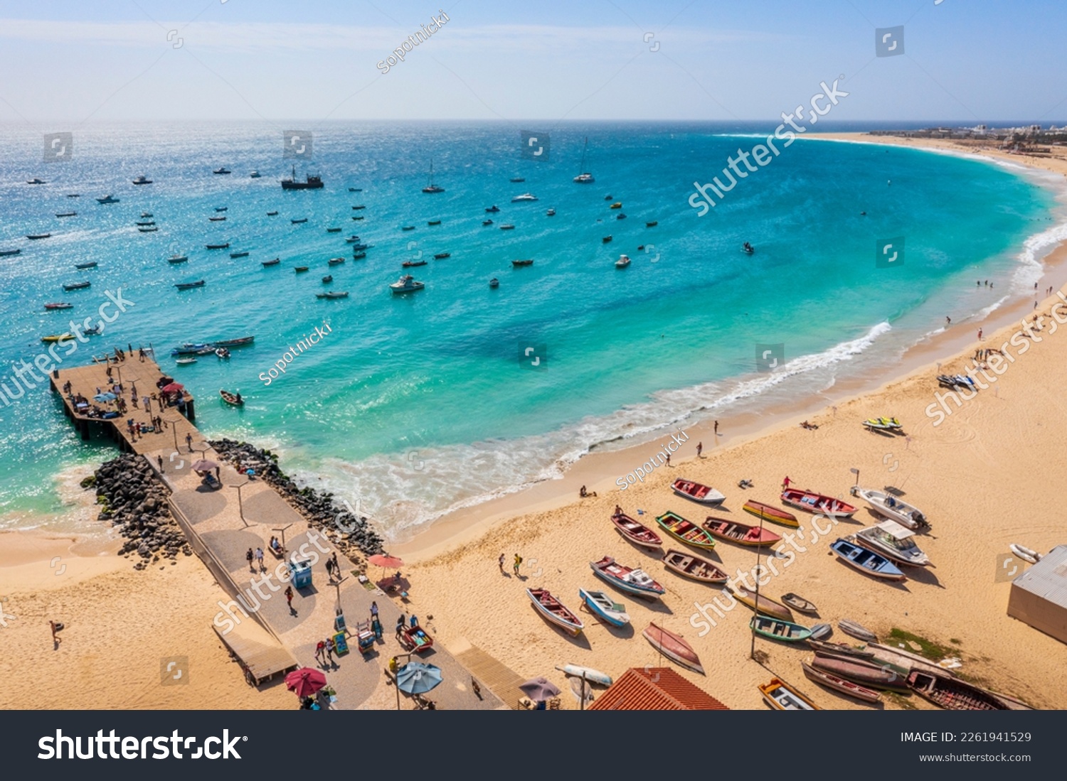 Pier and boats on turquoise water in city of Santa Maria, Sal, Cape Verde #2261941529