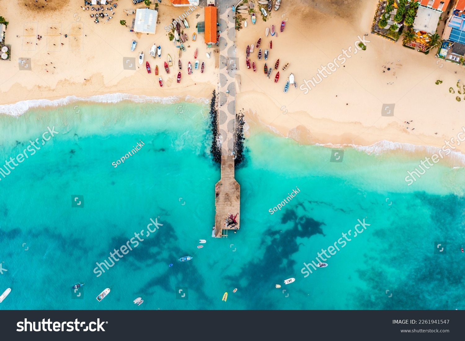 Pier and boats on turquoise water in city of Santa Maria, Sal, Cape Verde #2261941547