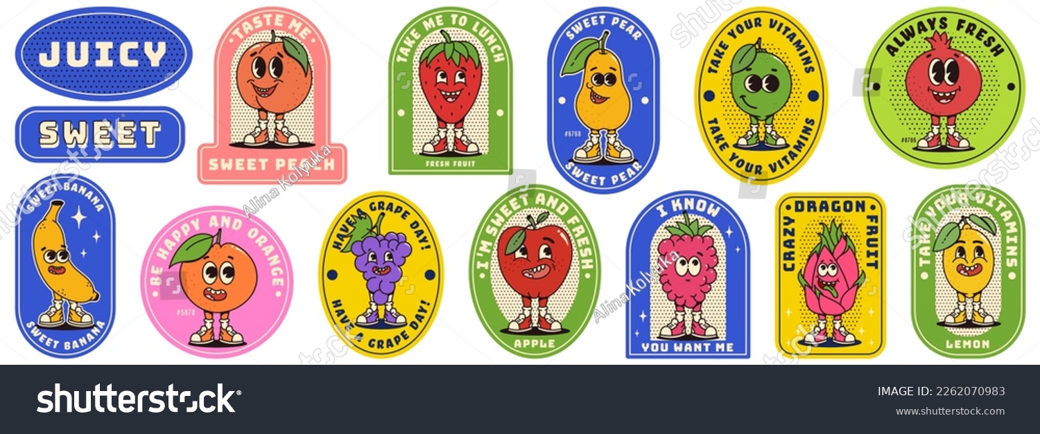 Retro labels with trendy groovy fruits. Modern patches with retro cartoon characters. Healthy food, comical phrases. Nostalgia for vintage aesthetics and 80s-90s-2000s. Monochrome palette. #2262070983