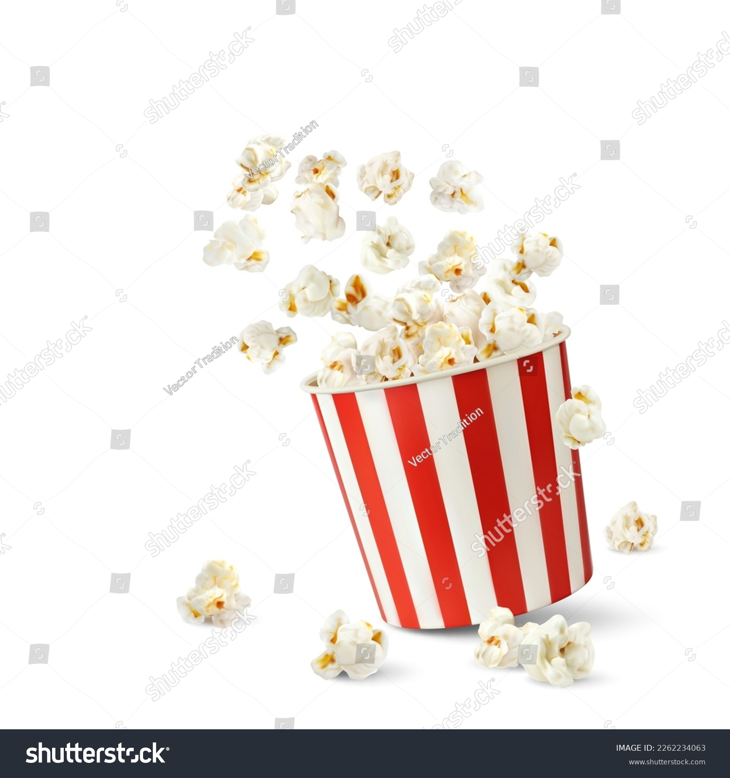 Popcorn flakes and bucket. Realistic pop corn container. Vector mock up of white and red cardboard cup with flying out and scatter snack seeds. Isolated striped 3d paper box with fast food for cinema #2262234063
