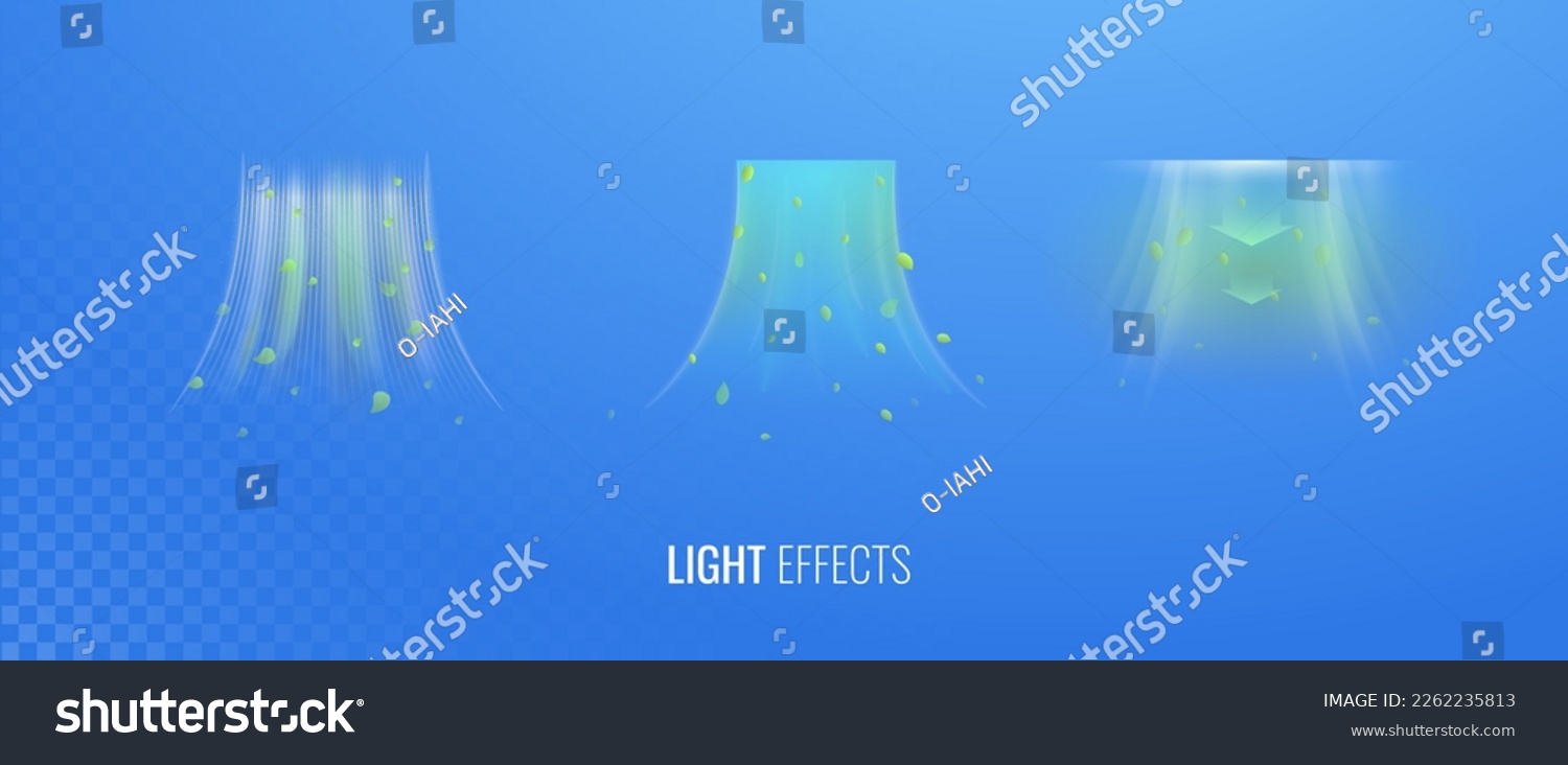 Fresh air flow set of vector elements. Abstract light effect blowing from an air conditioner, purifier or humidifier. Dynamic blurred wave motion with mint leaves, concept of freshness of smell #2262235813
