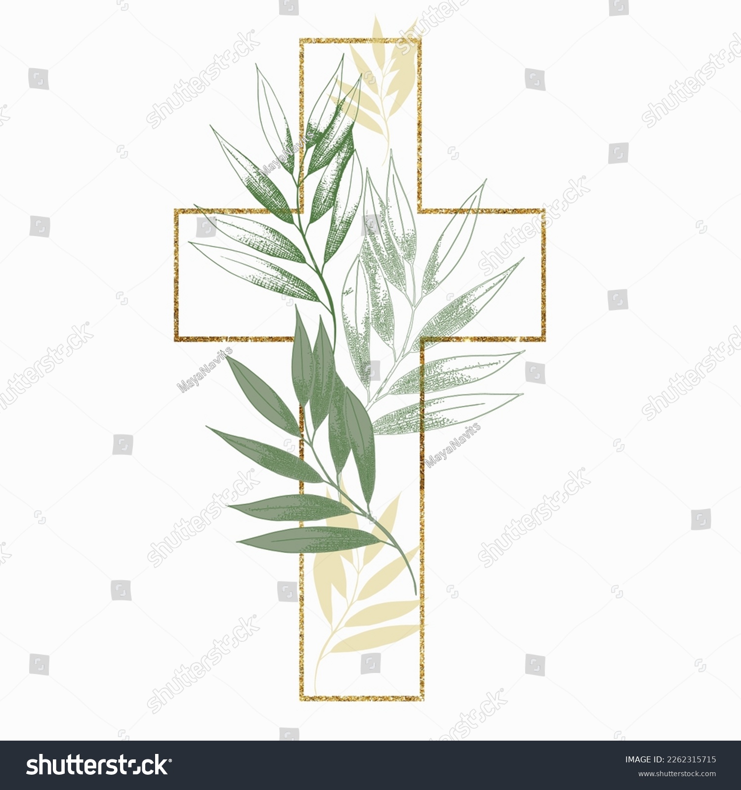 Graphic Easter Cross Clipart, Spring Floral Arrangements, Baptism Crosses DIY Invitation, Vector Eucaliptus Greenery wedding clipart, Golden frame and foliage, Holy Spirit, Religious #2262315715